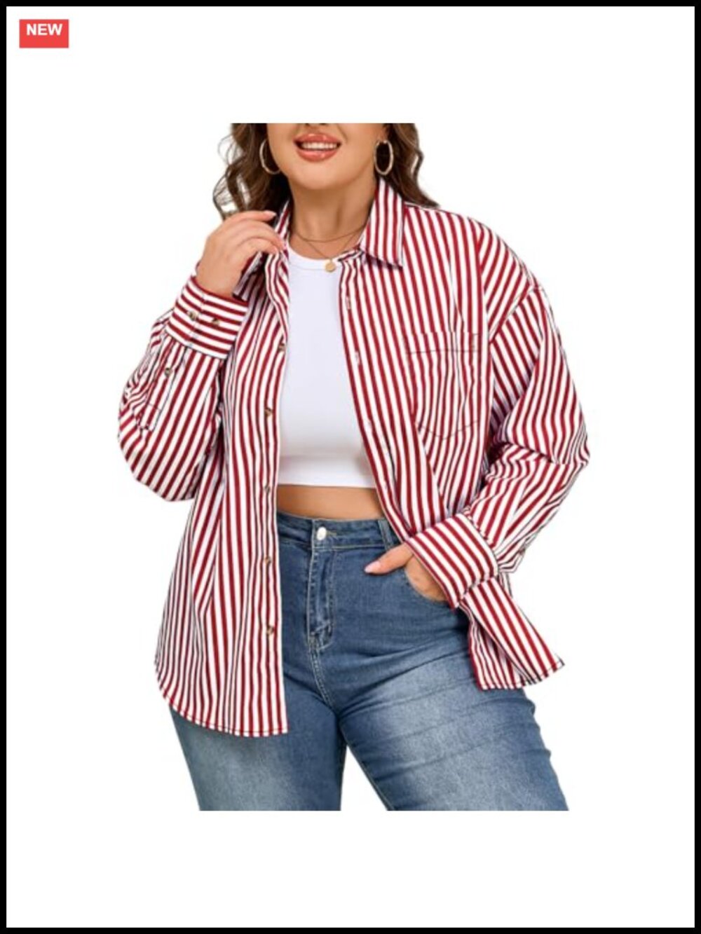 Plus Size 100% Cotton Button Down Striped Blouse Oversized Long Sleeve